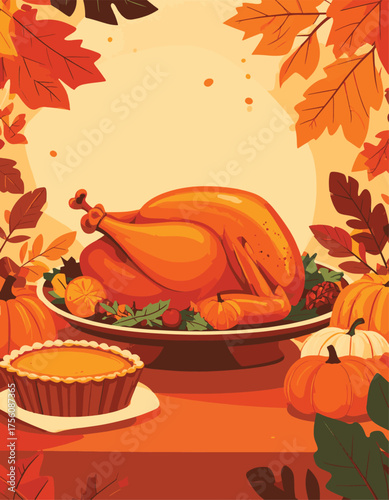 Thanksgiving dinner with turkey and pumpkin pie