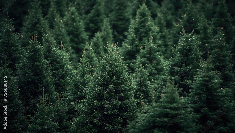 Fototapeta premium Lush pine forest backdrop with vibrant green hues and soft focus