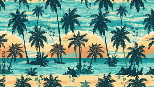 Fototapeta Naklejka Na Ścianę i Meble -  Seamless pattern of an idyllic tropical island with silhouettes of palm trees and a sunset over the ocean, featuring a textured brush stroke design. Hand-drawn illustration perfect for summer themes.