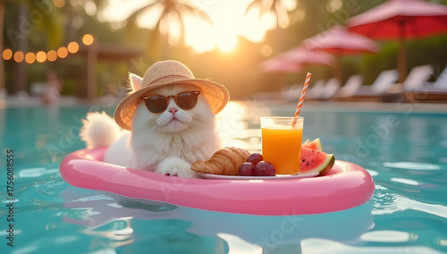 Fluffy white cat enjoying sun on inflatable float in swimming pool. Generative AI
