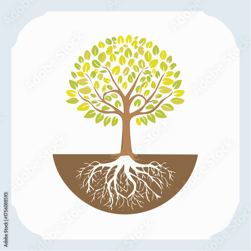 Illustration of a stylized tree with roots, foliage, and branches, for nature-related themes