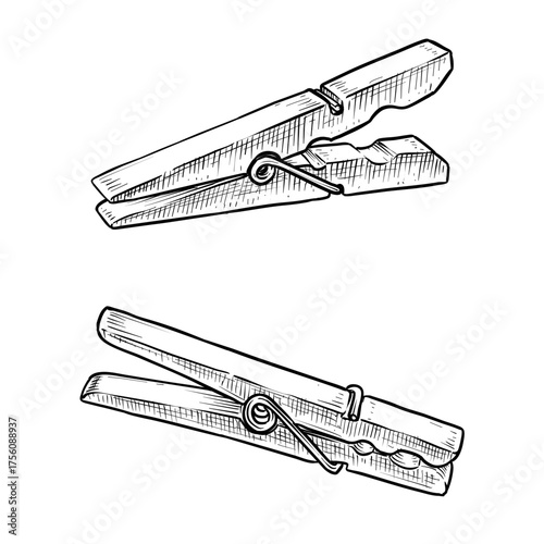 wooden clothespin vector line art hand drawn illustration