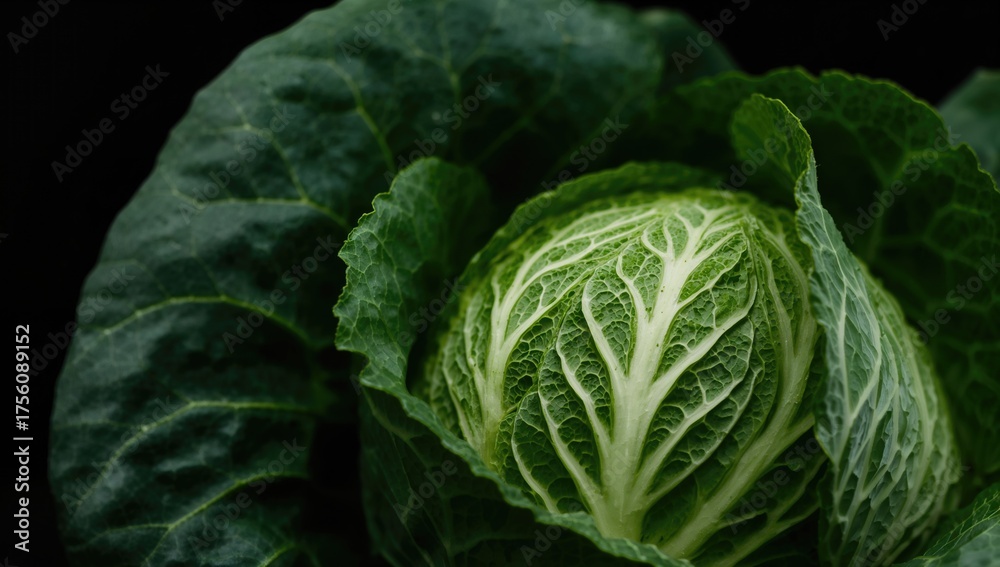 Obraz premium Close-up of leafy green cabbage texture against dark backdrop illuminated by natural light