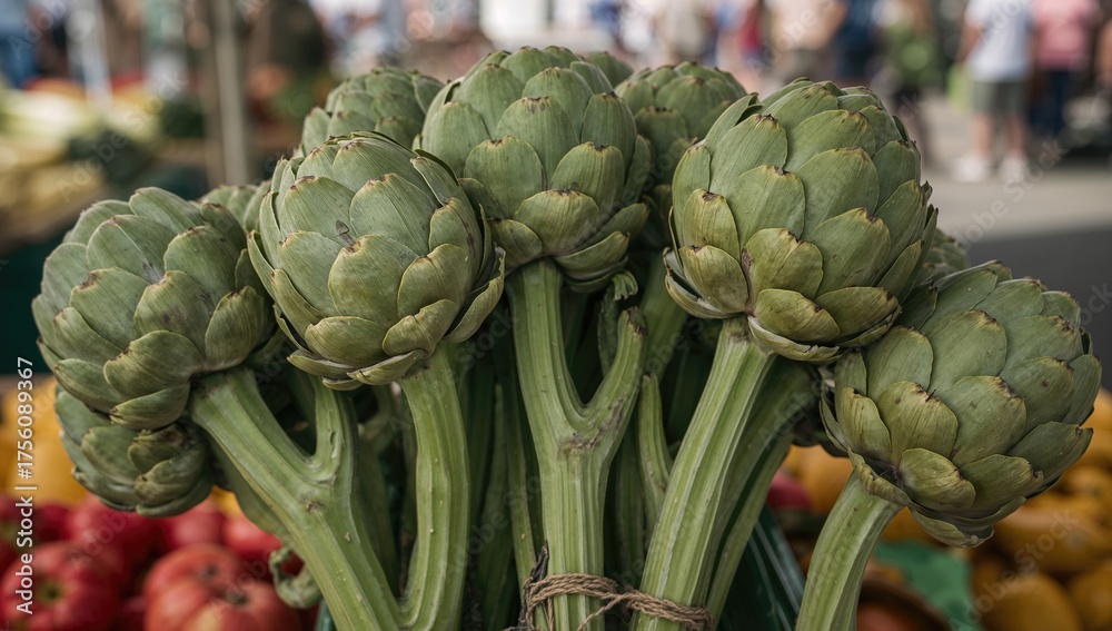 Fototapeta premium Newly picked artichokes at a local market stall