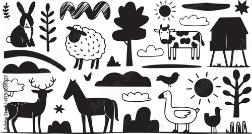 Vector art of cute farm animals and nature elements for kids