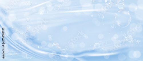 Water background with floating molecules, cosmetic foam, and glossy texture in 3D light.Vector background for spa, education, beauty, medicine, skincare, laboratory visuals, and chemistry concepts