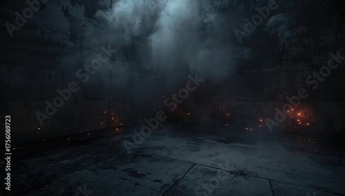 An interior space featuring a concrete floor, with smoke and fiery sparks illuminating dark walls.