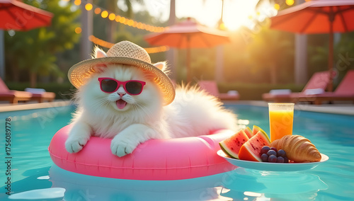 Adorable white cat resting on float in pool during sunny day. Generative AI
