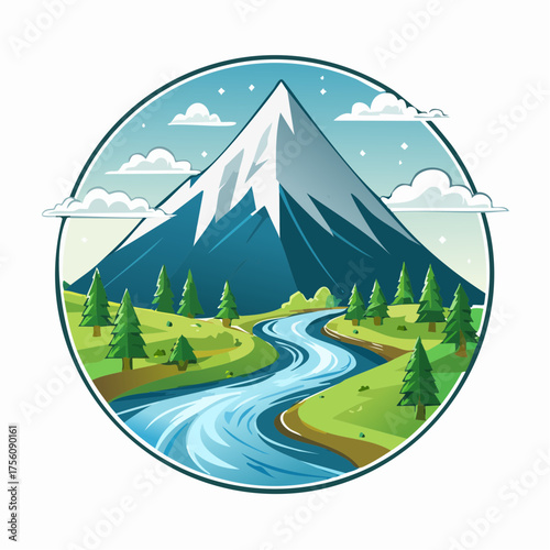 Illustrative scenery of a majestic mountain with a flowing river, trees, and clouds