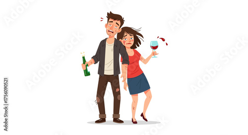 Drunk couple stumbling home after a night out, holding drinks