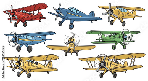 Vintage Biplanes and Airplanes Vector Illustration Set