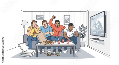 Excited Friends Watching Sports and Eating Pizza on the Couch at Home, Living Room Concept