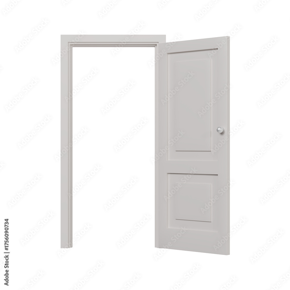 Naklejka premium A white, open two-panel interior door and frame on a transparent background, shot from a straight, eye-level front view with a slight angle.