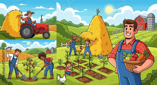 Vibrant Agricultural Scenes Farmers Tending Fields, Harvesting Crops, and Enjoying the Bountiful Produce of a Sustainable Farm