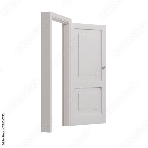 Partially open, white two-panel door and frame on a transparent background, shot from a side perspective at a slightly low angle.
