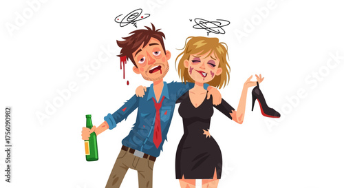 Cartoon of Drunken Couple Disheveled Man with Bottle and Woman with High Heel, Portraying the Wild Aftermath of a Night Out and Over-Indulgence