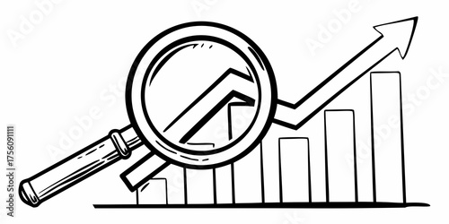 Magnifying glass focusing on an upward trend graph showing growth and business analysis in black and white