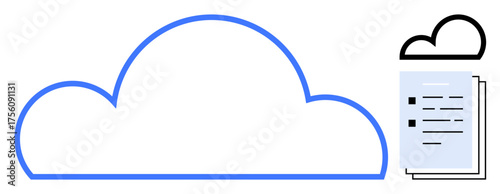 Cloud outline with digital documents stacked neatly beside, symbolizing storage and organization. Ideal for technology, data storage, cloud computing, file management, business, productivity, simple