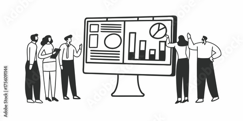 Group of people analyzing data on a large computer screen with charts and graphs in a business setting