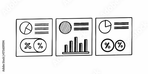 Three data dashboards with pie charts bar graphs and percentage indicators showing statistical information