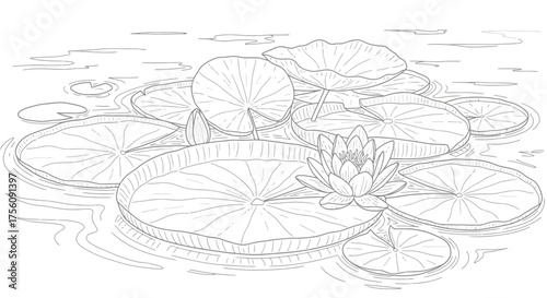 Elegant Line Art Depiction of Water Lilies and Pads Floating on a Pond Surface, Ideal for Botanical Studies, Coloring Pages, or Nature-themed Design Projects