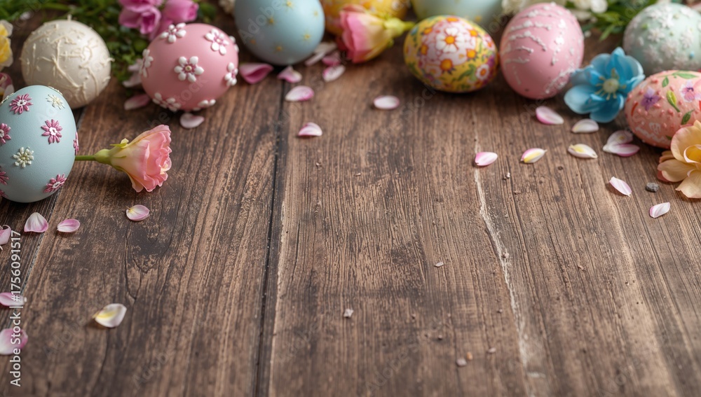 Obraz premium Festive arrangement featuring dyed Easter eggs and cake on a rustic wooden surface with ample copy space and a close-up perspective.