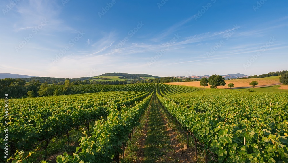 Naklejka premium Rural grape plantation with fresh green vines arranged in rows