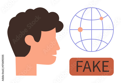 Head silhouette beside abstract globe and FAKE warning label suggesting misinformation or fraud. Ideal for education, media awareness, news ethics, online fraud, hoax prevention, communication