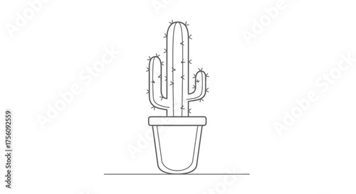 Minimalist Outline Illustration of a Cactus in a Pot, Ideal for Botanical Designs, Educational Resources, or Desert-Themed Creative Projects and Vector Graphics.