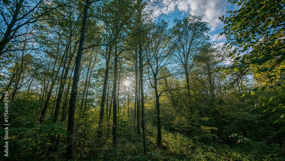 Naklejka premium Sunlight filtering through the trees in a wooded area