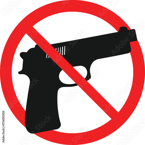No Guns Allowed Sign Vector, Gun Not Allowed Symbol, Red Circle Warning Sign with Handgun Silhouette, Prohibited Firearm Icon Illustration
