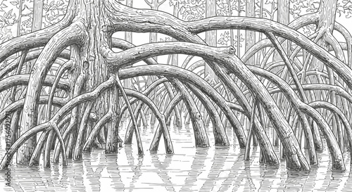 Intricate Mangrove Root System Illustration, Black and White Detailed Depiction for Educational Material and Environmental Conservation Projects