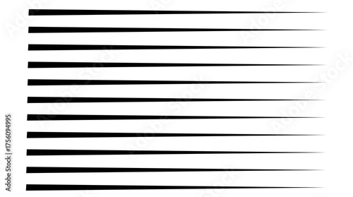 Horizontal tapered black lines creating speed and motion effect, abstract dynamic design for comics, posters, and modern graphic artworks on transparent background