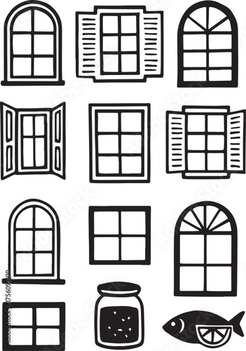 Architectural window icon set in black line style with bonus fish and jar illustration for creative, culinary, and design themes
