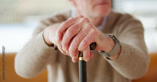 Hands, cane or old man with disability in retirement home for injury, healthcare or support. Osteoporosis, patient or senior person with walking stick in nursing house for help, mobility or recovery.