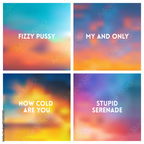 Abstract vector multicolored blurred background set. 4 colors set. Square blurred backgrounds set - sunset sky clouds sea ocean beach colors With love quotes