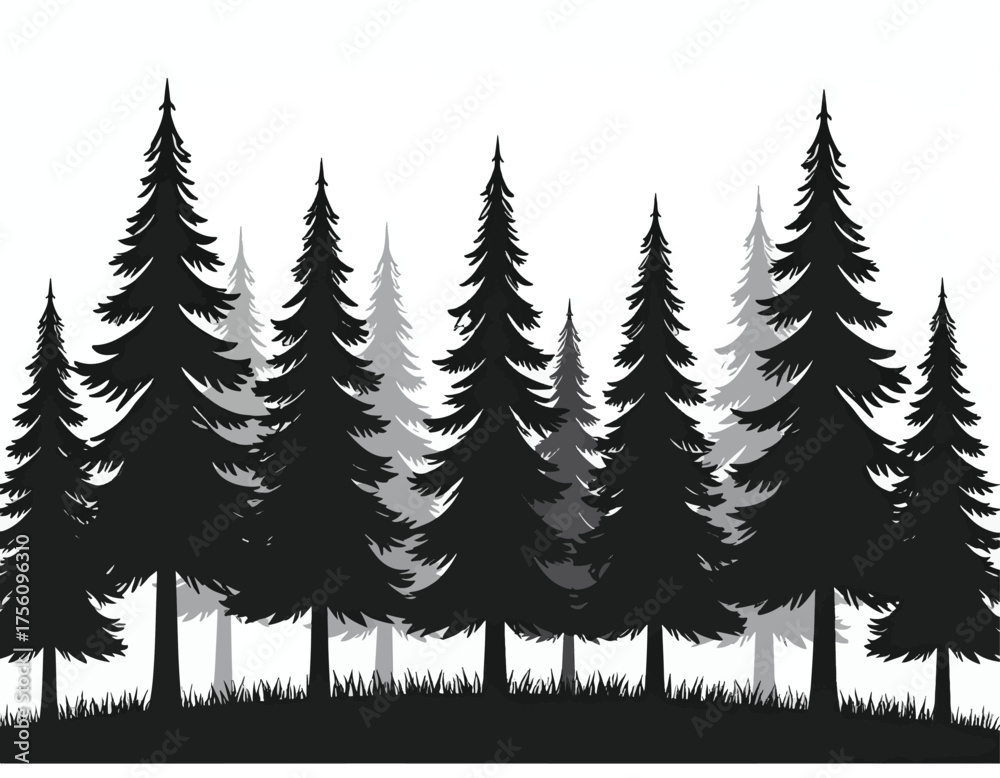 Obraz premium Black pine forest silhouette landscape