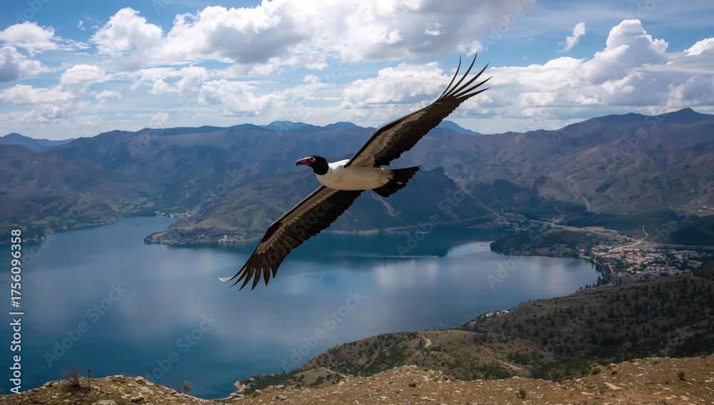 Fototapeta premium Majestic bird soaring over mountainous lakes and open skies