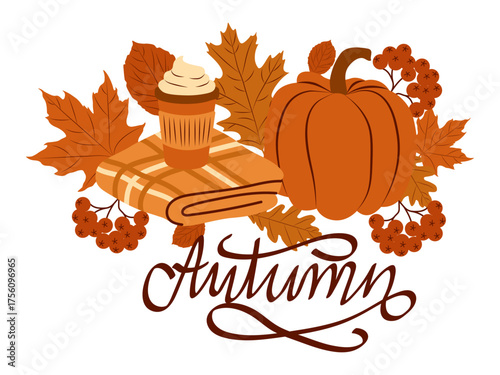 Wallpaper Mural Autumn illustration with pumpkin, leaves, berries, blanket and coffee cup.Cozy seasonal composition in warm colors for fall design, greeting cards, invitation and creative projects Torontodigital.ca