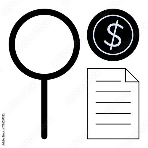 Magnifying glass, dollar coin, and document symbolizing financial investigation, cost analysis, auditing, budgeting, research, transparency and evaluation. Ideal for finance business planning