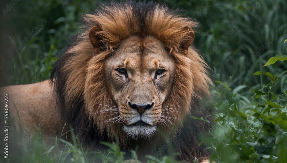 Fototapeta premium A fuzzy close-up of a strong, broad-chested male lion lying in the woods, taken through glass.