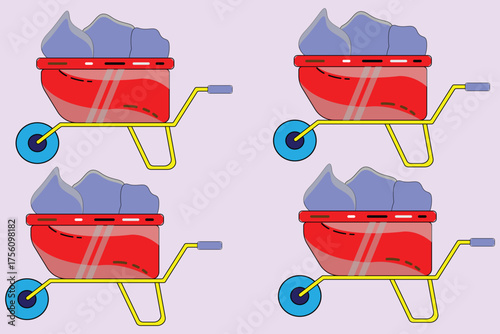 Four red wheelbarrows filled with gray material are arranged in a grid pattern on a light purple background