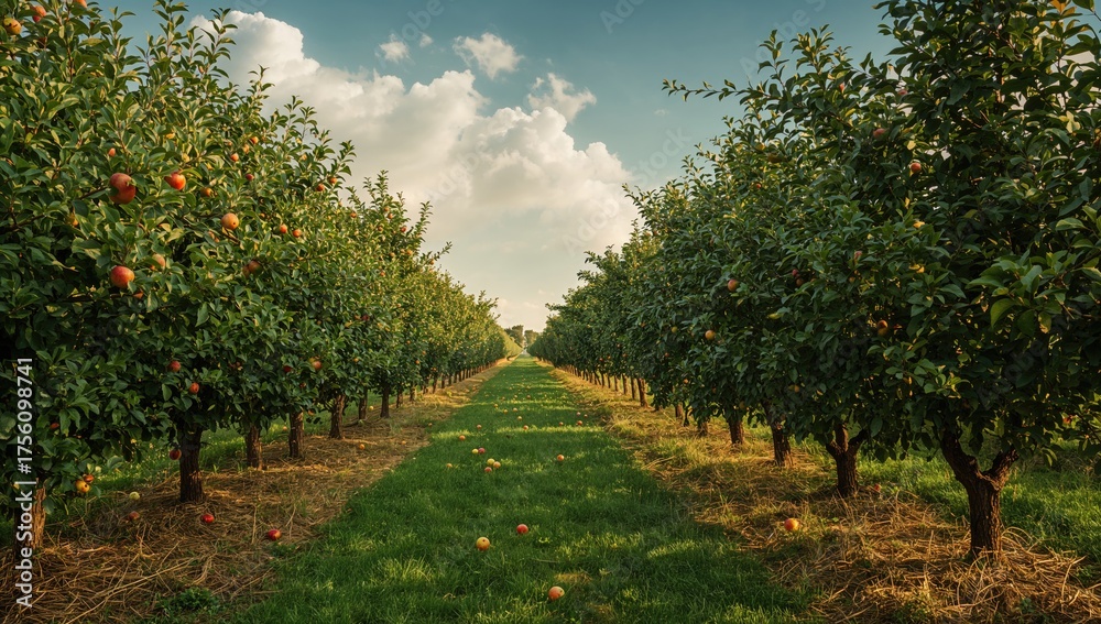 Fototapeta premium Fruit trees planted in neat rows with fallen apples scattered beneath them