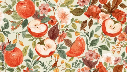 Seamless bohemian pattern featuring apples, flowers, and leaves in a fall theme. Vector texture of summer blooms, natural backdrop, and seasonal wrapping design.