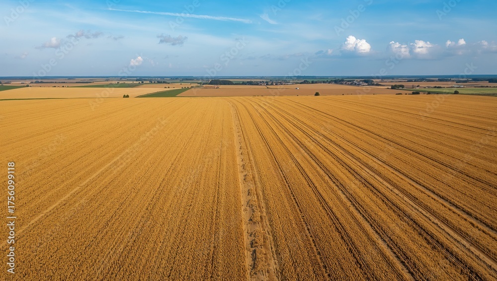 Fototapeta premium Bird's-eye view of a wheat field showing tractor paths through the crops
