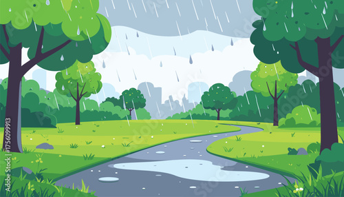 Rainy park pathway with green trees and puddles