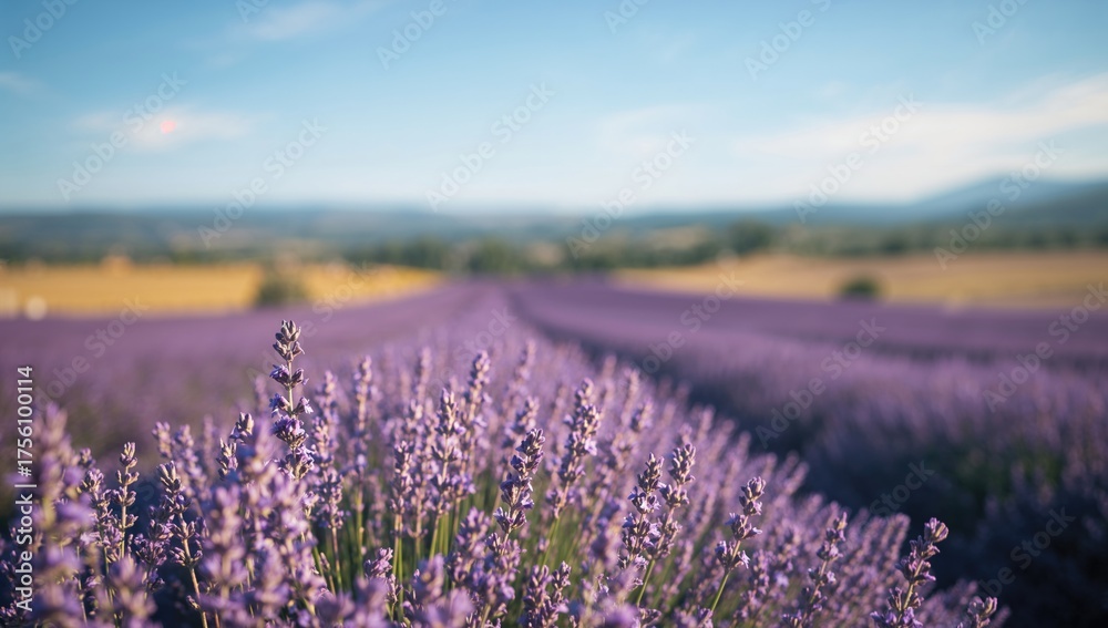Obraz premium Lavender plants blossoming with sharp focus on purple blooms and a blurred distant backdrop
