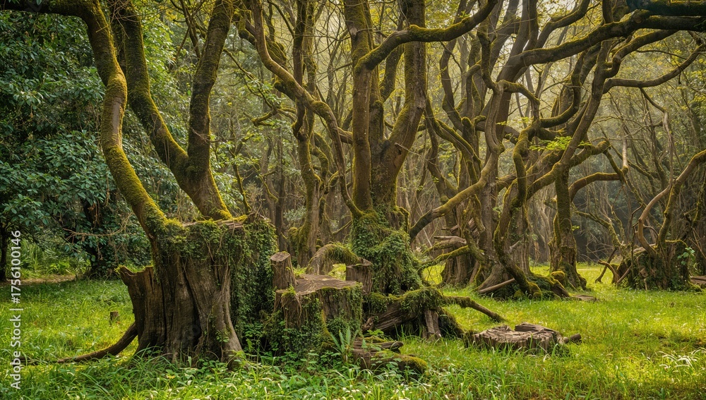Obraz premium A cluster of moss-covered trees growing over old stumps in a dense forest