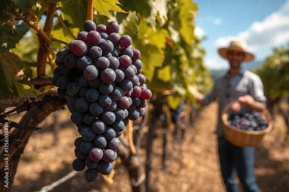 Obraz premium Detailed view of ripe red grapes hanging on the vine in a vineyard
