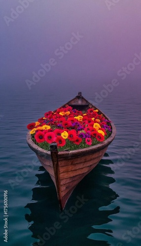 a boat on a calm lake full of beautiful flowers
